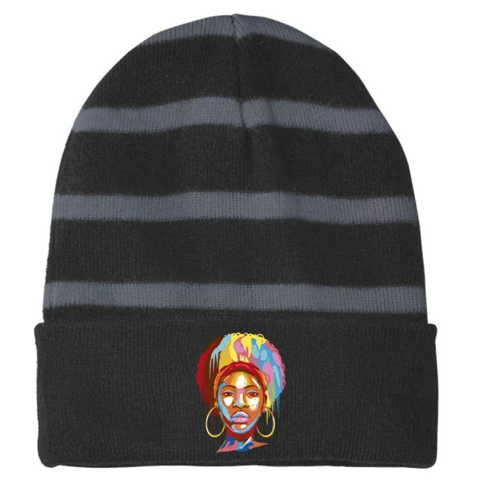 Black Female Color Drip Striped Beanie with Solid Band