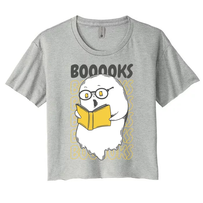 Boooks Funny Cartoon Ghost Reading Books Library Halloween Meaningful Gift Women's Crop Top Tee