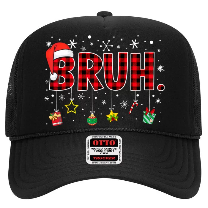 Bruh Funny Christmas Red Plaid Xmas Pajamas High Crown Mesh Trucker Hat