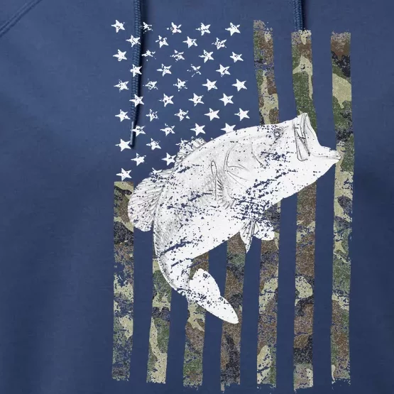 Bass Fishing Camouflage Flag Big Mouth On Back Performance Fleece Hoodie