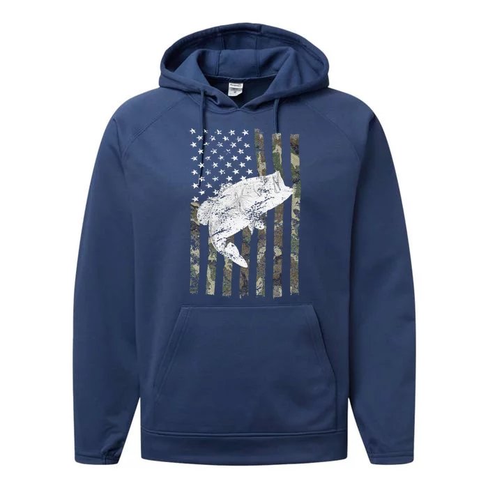 Bass Fishing Camouflage Flag Big Mouth On Back Performance Fleece Hoodie