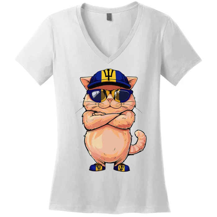 Barbadian Flag Cat Mom Souvenirs Products Kitten Barbados Women's V-Neck T-Shirt