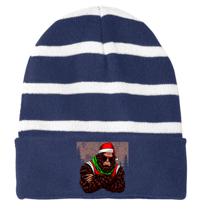 Bigfoot Funny Christmas Hipster Striped Beanie with Solid Band