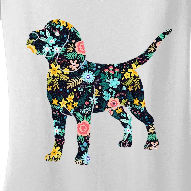 Beagle Floral Dog Silhouette Graphic Women's V-Neck T-Shirt