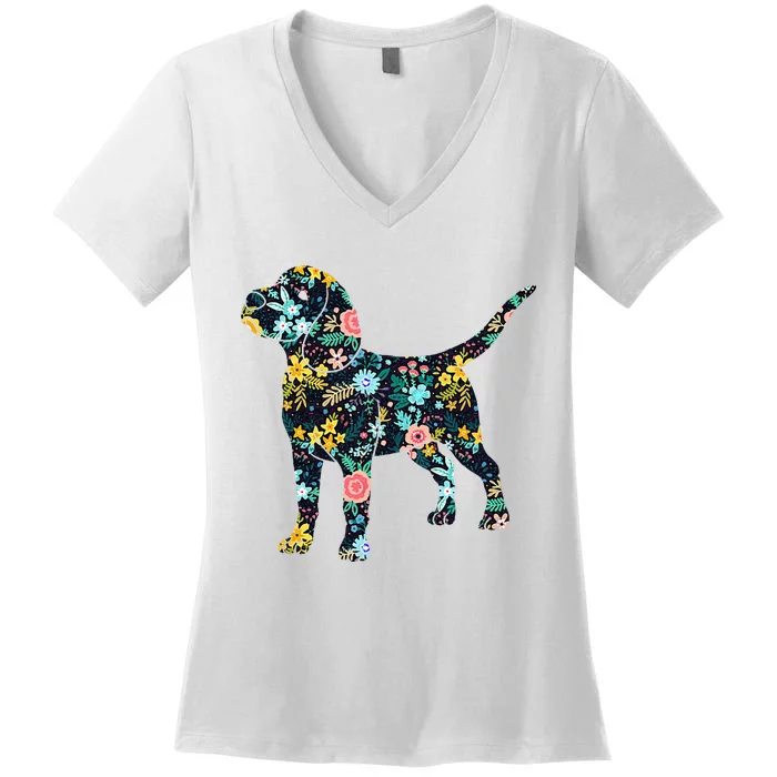 Beagle Floral Dog Silhouette Graphic Women's V-Neck T-Shirt