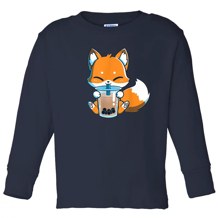 Boba Fox Drinking Cute Kawaii Japanese Foxy Anime Toddler Long Sleeve Shirt