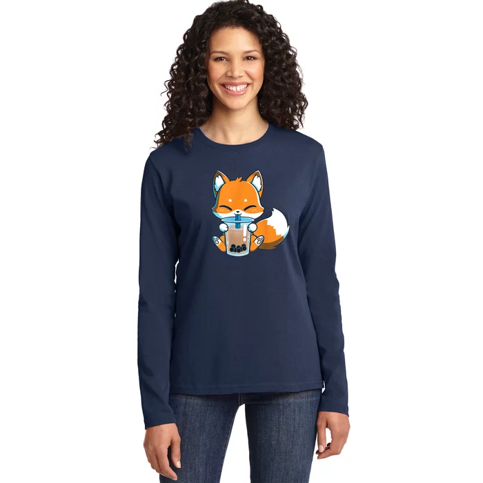 Boba Fox Drinking Cute Kawaii Japanese Foxy Anime Ladies Long Sleeve Shirt