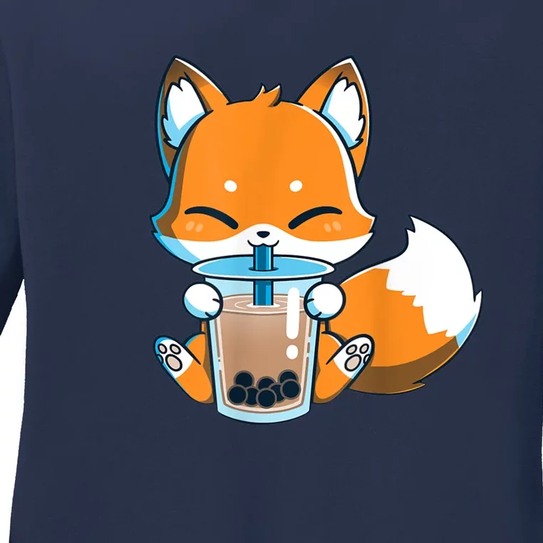 Boba Fox Drinking Cute Kawaii Japanese Foxy Anime Ladies Long Sleeve Shirt