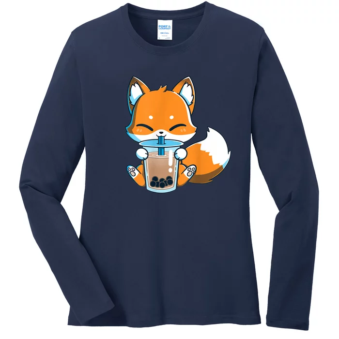 Boba Fox Drinking Cute Kawaii Japanese Foxy Anime Ladies Long Sleeve Shirt