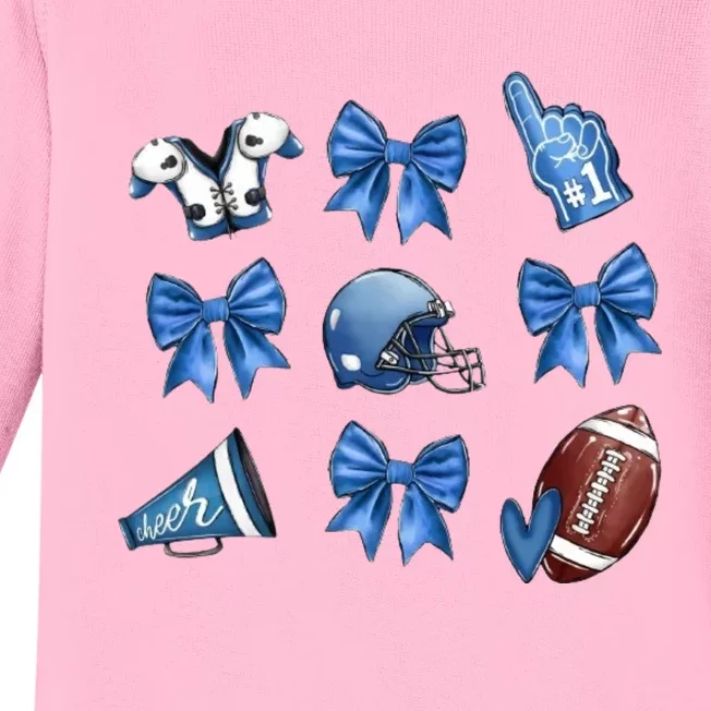 Blue Football Design Cheer Football Coquette Bows Retro Football Baby Long Sleeve Bodysuit