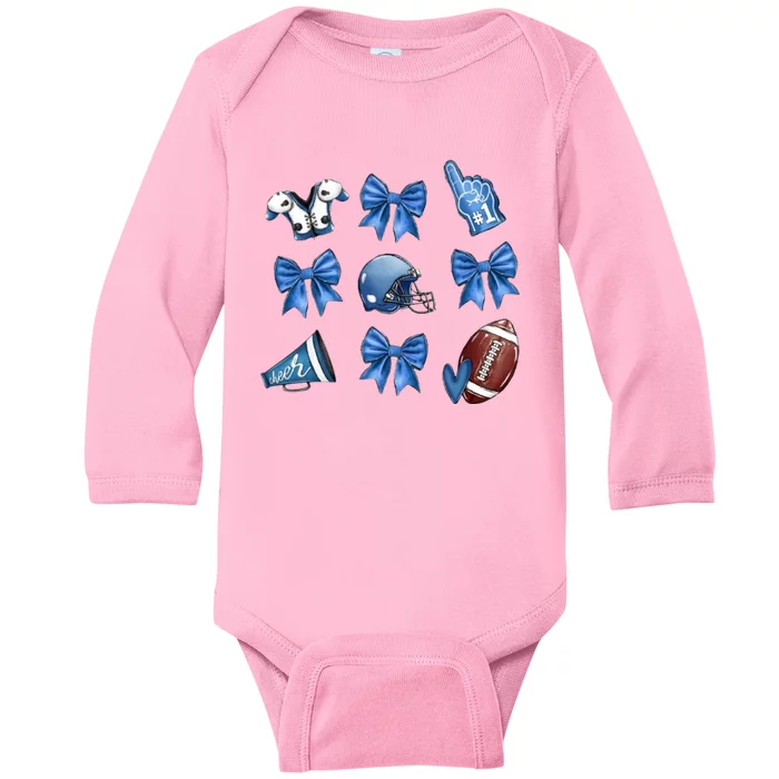 Blue Football Design Cheer Football Coquette Bows Retro Football Baby Long Sleeve Bodysuit