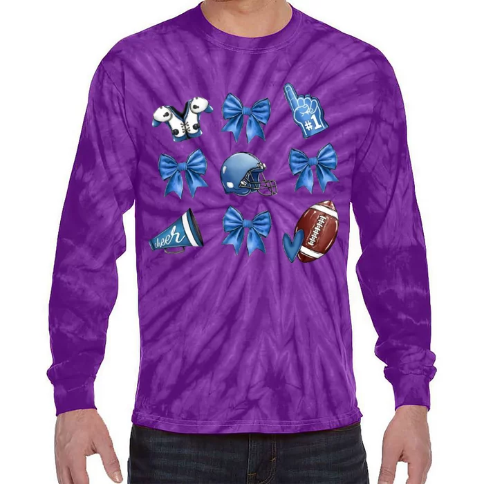 Blue Football Design Cheer Football Coquette Bows Retro Football Tie-Dye Long Sleeve Shirt