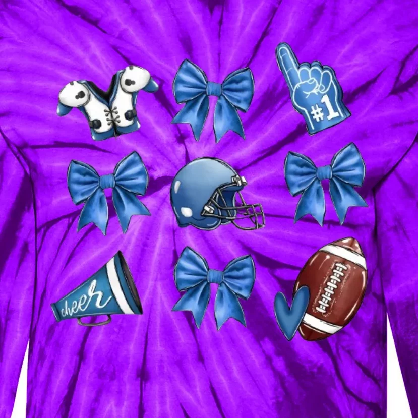 Blue Football Design Cheer Football Coquette Bows Retro Football Tie-Dye Long Sleeve Shirt