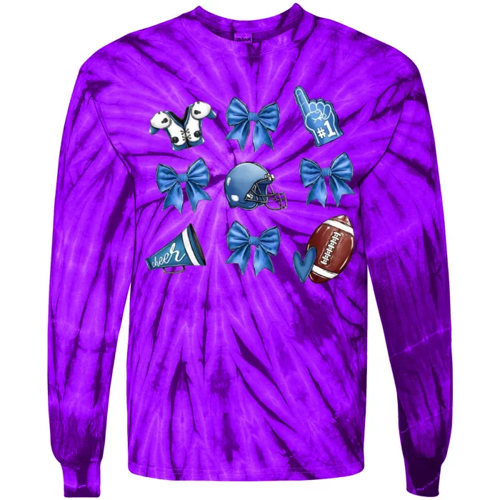 Blue Football Design Cheer Football Coquette Bows Retro Football Tie-Dye Long Sleeve Shirt