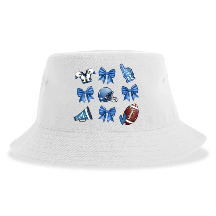 Blue Football Design Cheer Football Coquette Bows Retro Football Sustainable Bucket Hat