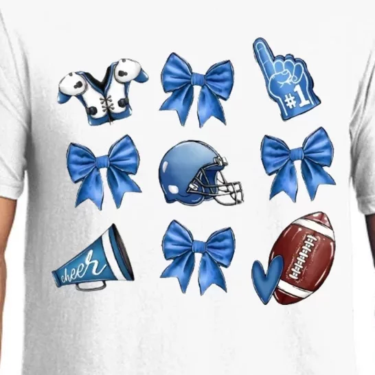 Blue Football Design Cheer Football Coquette Bows Retro Football Pajama Set