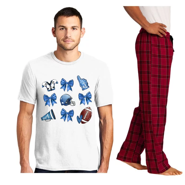 Blue Football Design Cheer Football Coquette Bows Retro Football Pajama Set