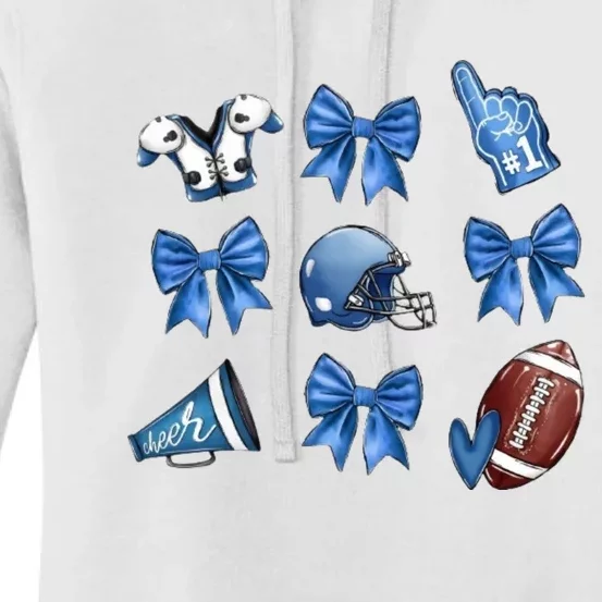 Blue Football Design Cheer Football Coquette Bows Retro Football Women's Pullover Hoodie