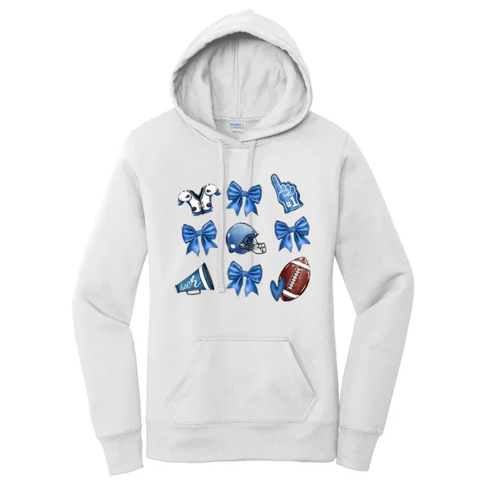 Blue Football Design Cheer Football Coquette Bows Retro Football Women's Pullover Hoodie