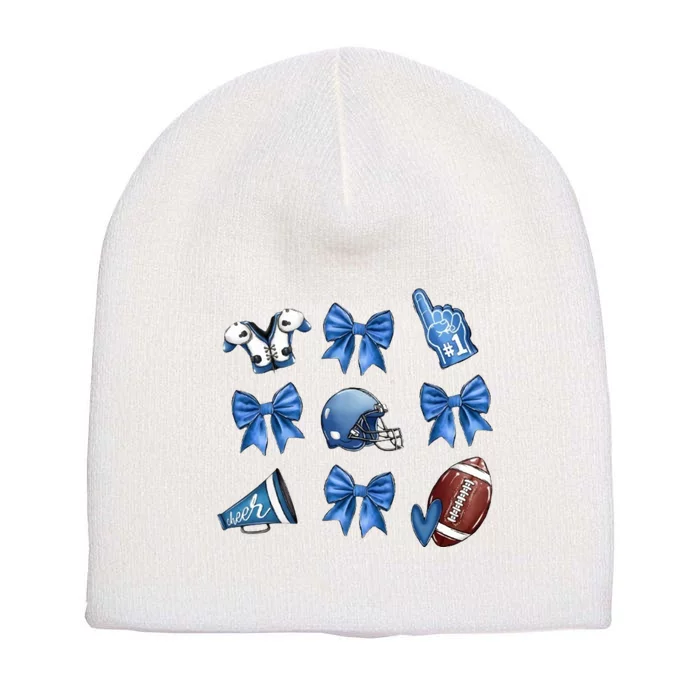 Blue Football Design Cheer Football Coquette Bows Retro Football Short Acrylic Beanie