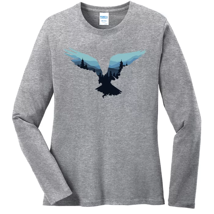 Beautiful Flying Eagle Night Sky Forest Bird Silhouette Ladies Long Sleeve Shirt