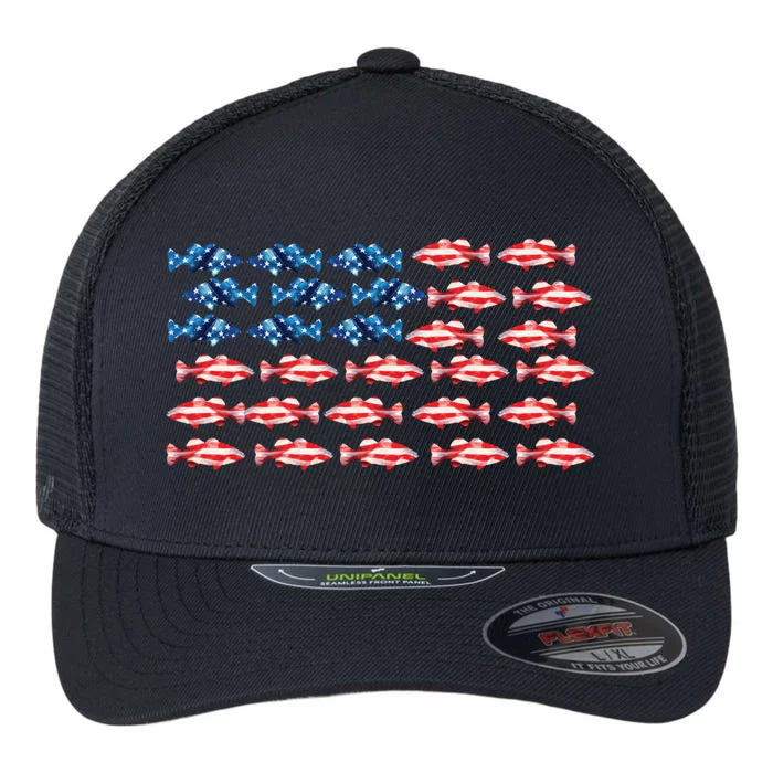 Bass Fishing Fish Lover American Flag Patriotic 4th Of July Cool Gift Flexfit Unipanel Trucker Cap