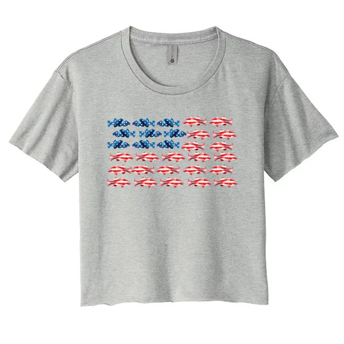 Bass Fishing Fish Lover American Flag Patriotic 4th Of July Cool Gift Women's Crop Top Tee