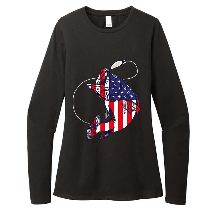 Bass Fishing Fish American Flag Patriotic Womens CVC Long Sleeve Shirt