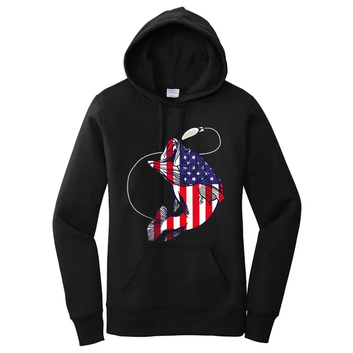 Bass Fishing Fish American Flag Patriotic Women's Pullover Hoodie