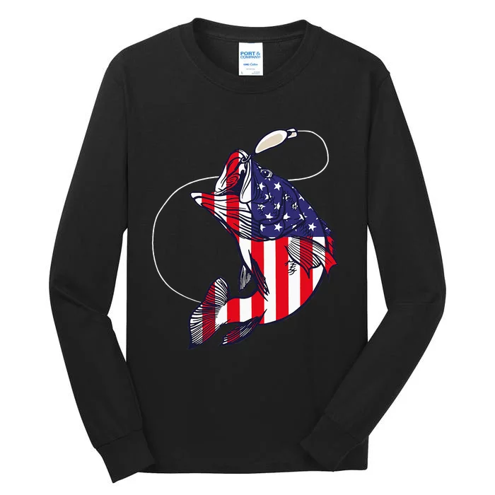 Bass Fishing Fish American Flag Patriotic Tall Long Sleeve T-Shirt