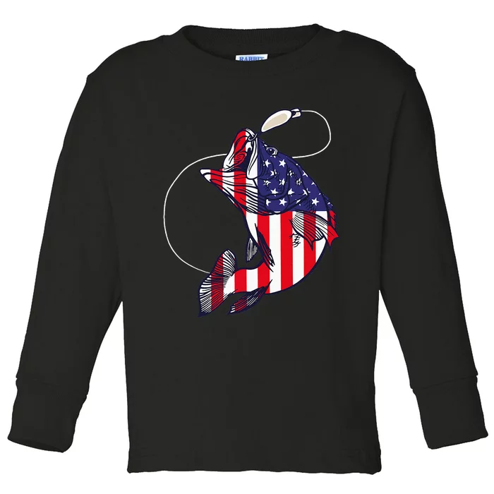 Bass Fishing Fish American Flag Patriotic Toddler Long Sleeve Shirt