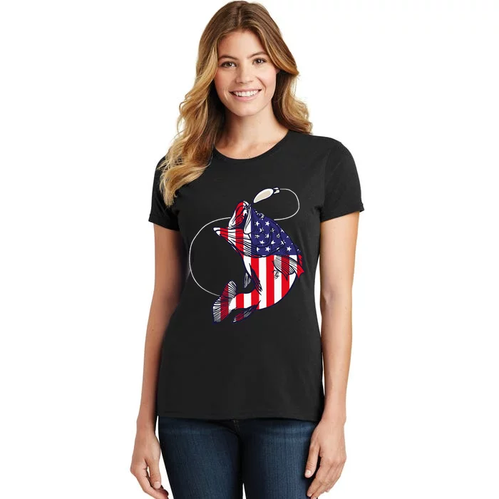 Bass Fishing Fish American Flag Patriotic Women's T-Shirt