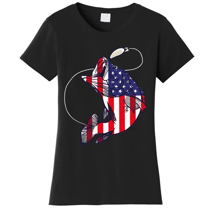 Bass Fishing Fish American Flag Patriotic Women's T-Shirt