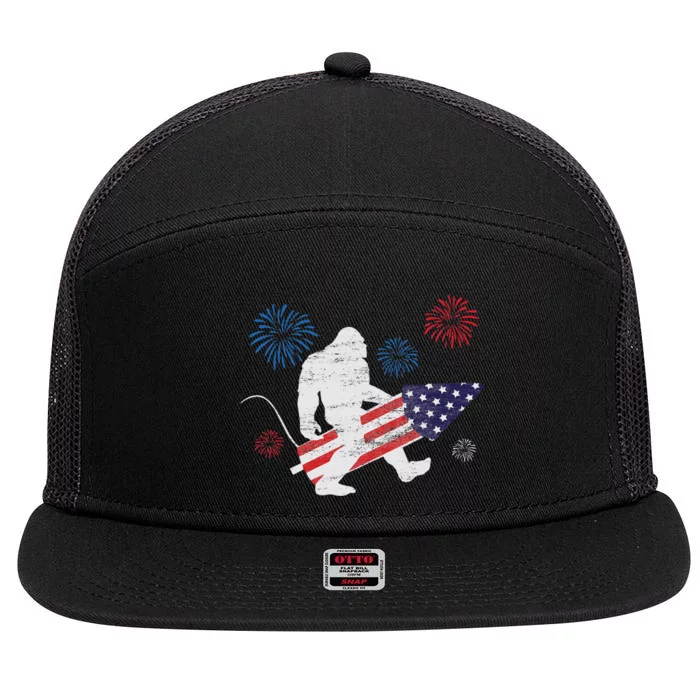 Bigfoot Fireworks Funny 4th Of July Sasquatch Patriotic 7 Panel Mesh Trucker Snapback Hat