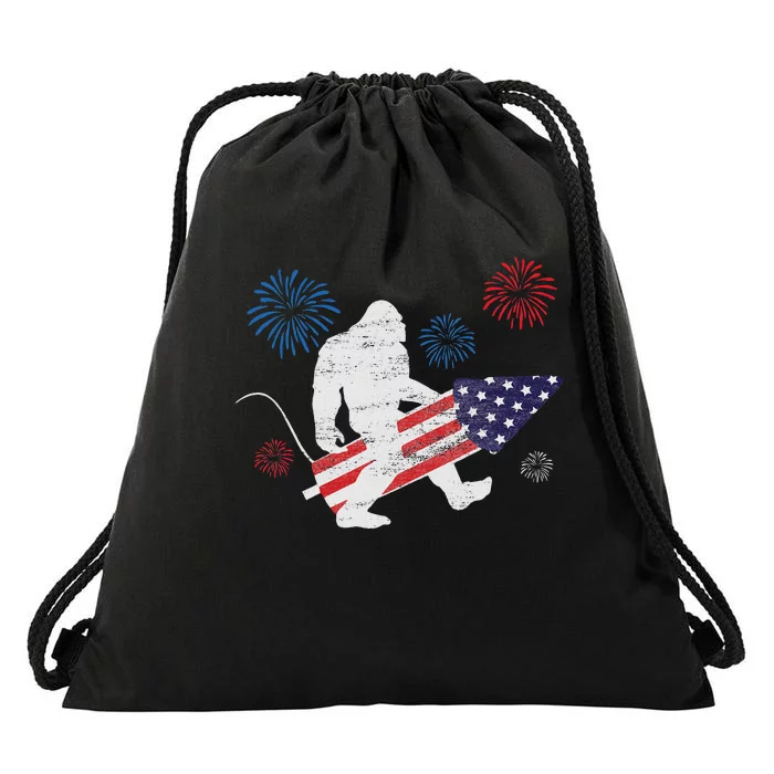 Bigfoot Fireworks Funny 4th Of July Sasquatch Patriotic Drawstring Bag