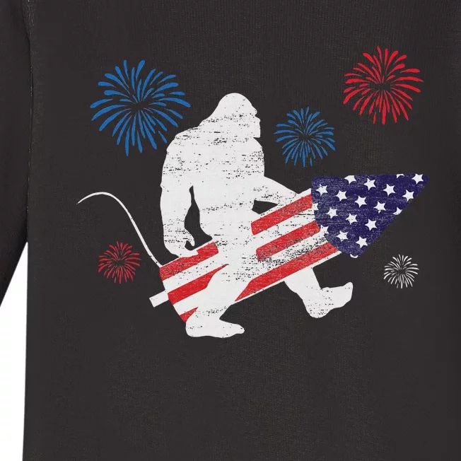 Bigfoot Fireworks Funny 4th Of July Sasquatch Patriotic Baby Long Sleeve Bodysuit