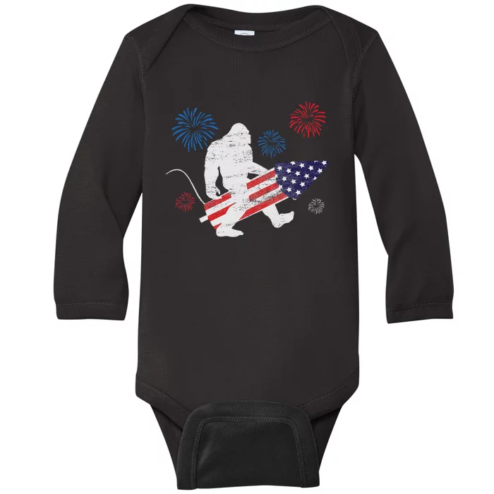 Bigfoot Fireworks Funny 4th Of July Sasquatch Patriotic Baby Long Sleeve Bodysuit