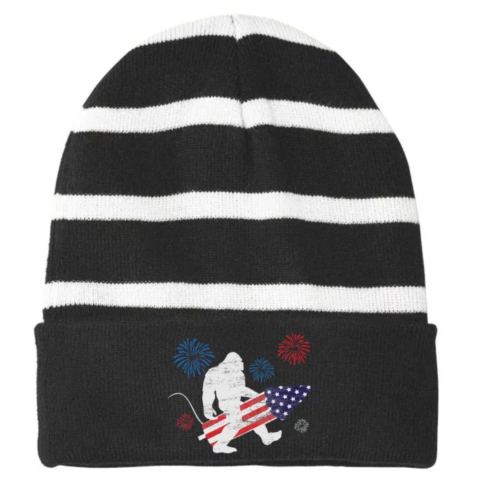 Bigfoot Fireworks Funny 4th Of July Sasquatch Patriotic Striped Beanie with Solid Band