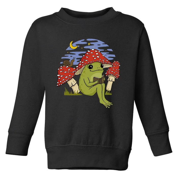 Book Fan Frog with Mushroom Hat Cottagecore Goblincore Toddler Sweatshirt