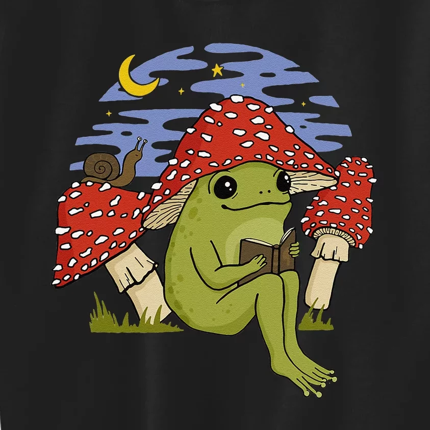 Book Fan Frog with Mushroom Hat Cottagecore Goblincore Kids Sweatshirt