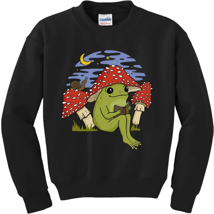 Book Fan Frog with Mushroom Hat Cottagecore Goblincore Kids Sweatshirt