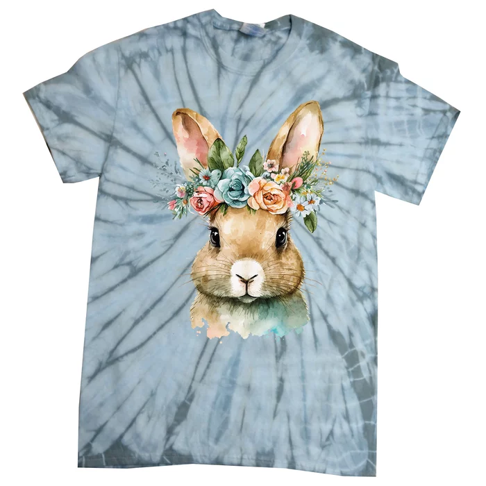 Bunny Floral Flower Crown For easter Spring Tie-Dye T-Shirt