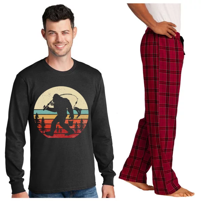 Bigfoot Fishing Funny Retro Sasquatch Dad Long Sleeve Pajama Set