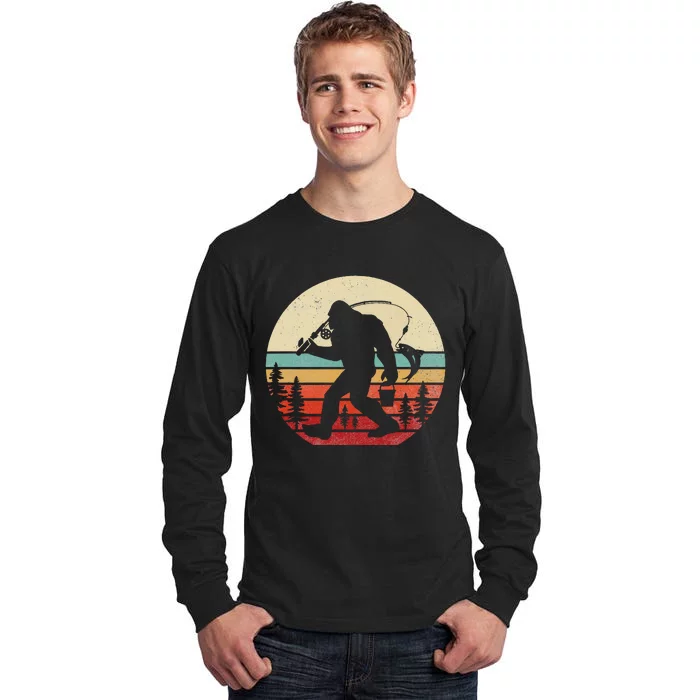 Bigfoot Fishing Funny Retro Sasquatch Dad Tall Long Sleeve T-Shirt