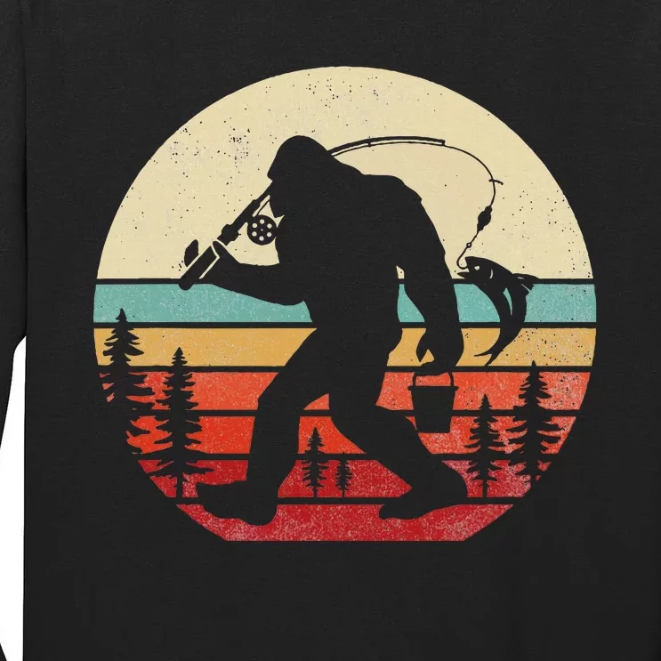 Bigfoot Fishing Funny Retro Sasquatch Dad Tall Long Sleeve T-Shirt