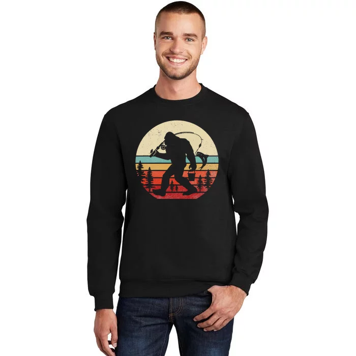 Bigfoot Fishing Funny Retro Sasquatch Dad Tall Sweatshirt