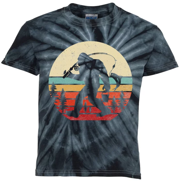 Bigfoot Fishing Funny Retro Sasquatch Dad Kids Tie-Dye T-Shirt