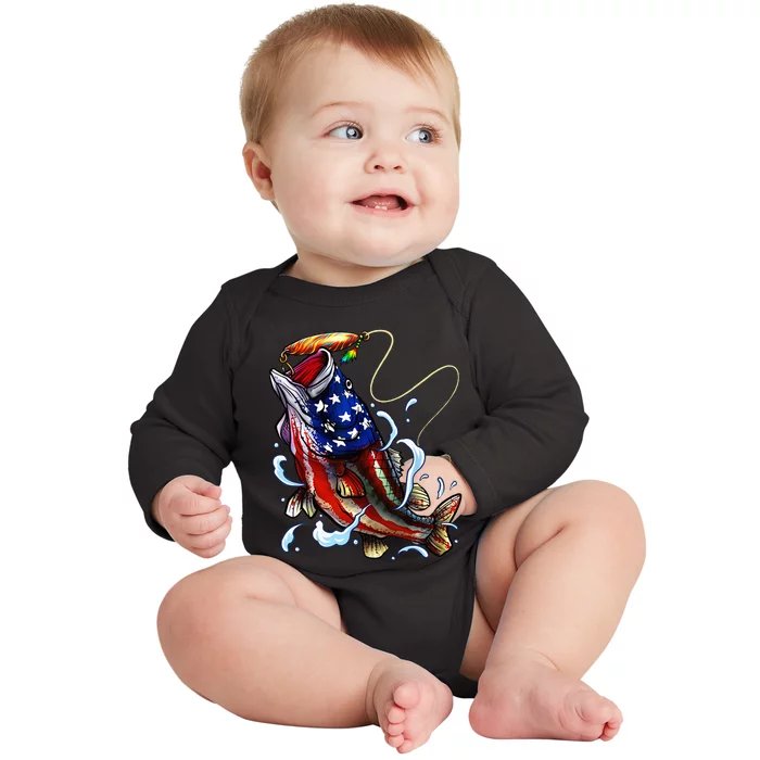 Bass Fishing Fish American Flag Dad Father Fourth Of July Baby Long Sleeve Bodysuit