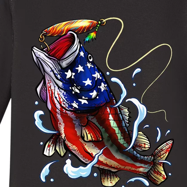 Bass Fishing Fish American Flag Dad Father Fourth Of July Baby Long Sleeve Bodysuit