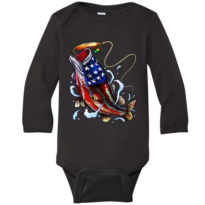 Bass Fishing Fish American Flag Dad Father Fourth Of July Baby Long Sleeve Bodysuit